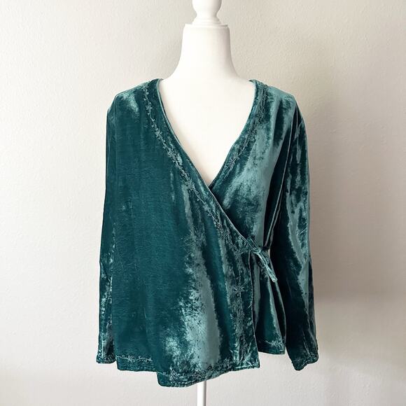J. Jill Teal Crushed Velvet Beaded Trim Long Sleeve Wrap Blouse Women’s Size 10 - Picture 1 of 11